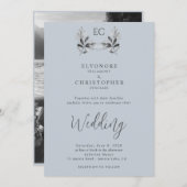 Dusty Blue Olive Branch Monogram Photo Wedding  招待状 (正面/裏面)