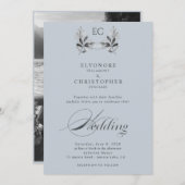 Dusty Blue Olive Branch Monogram Photo Wedding  招待状 (正面/裏面)