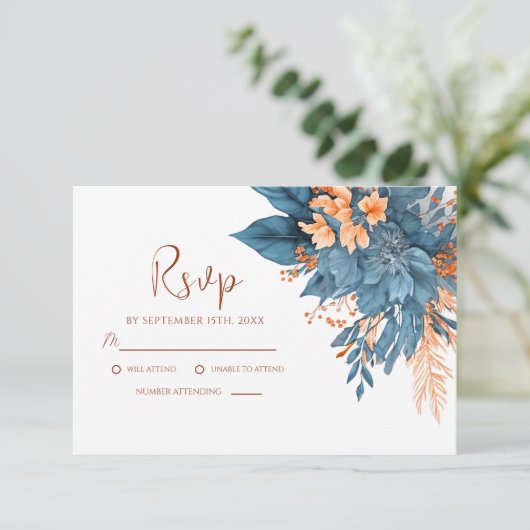 Dusty Blue Orange Terracotta Elegant Wedding 出欠カード (スタンド正面)