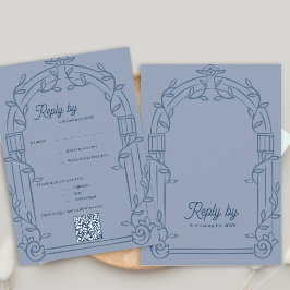 Dusty Blue Ornate Arch Botanical Wedding Reply  出欠カード