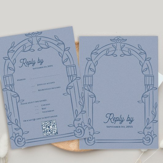 Dusty Blue Ornate Arch Botanical Wedding Reply  出欠カード