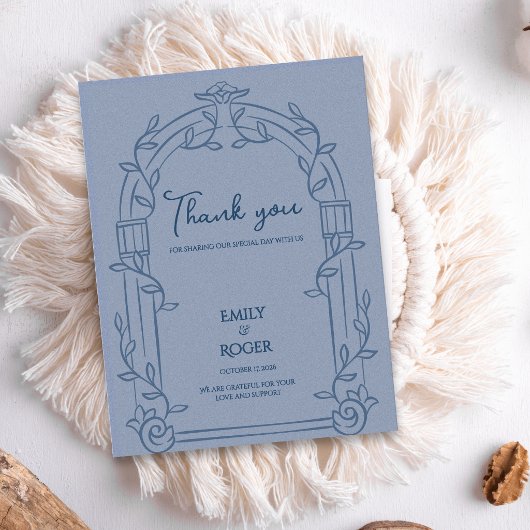Dusty Blue Ornate Arch Botanical Wedding Thank You ポストカード