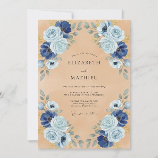 Dusty Blue Ornate Vintage Wedding 招待状 (正面)