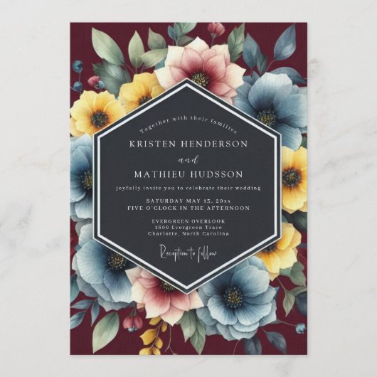 Dusty Blue Painterly Bloom Wedding 招待状 (正面)