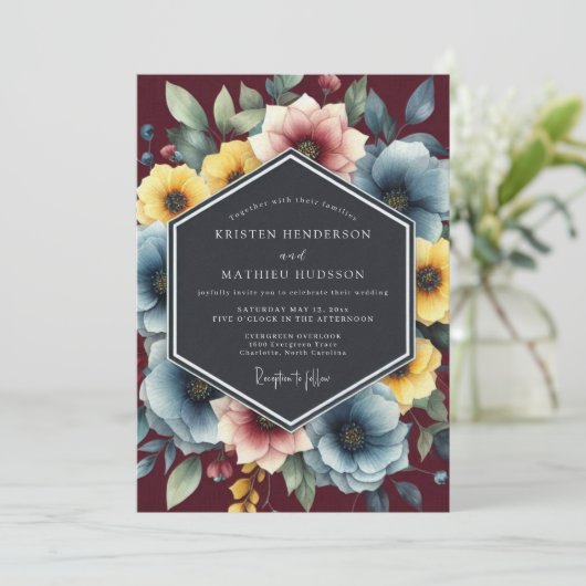 Dusty Blue Painterly Bloom Wedding 招待状 (スタンド正面)