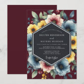 Dusty Blue Painterly Bloom Wedding 招待状 (正面/裏面)