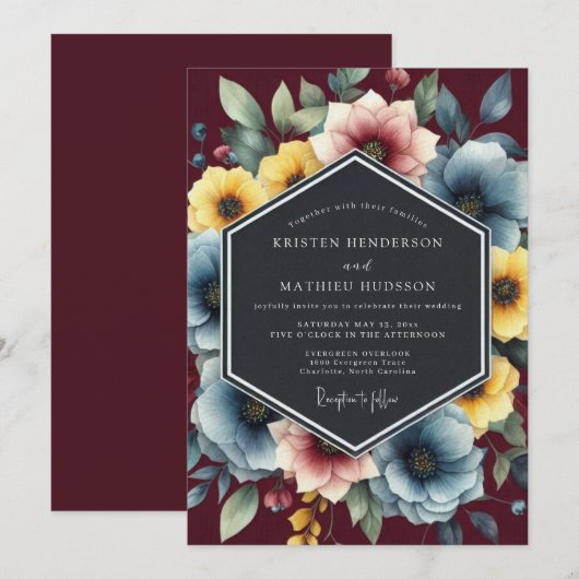 Dusty Blue Painterly Bloom Wedding 招待状 (正面/裏面)