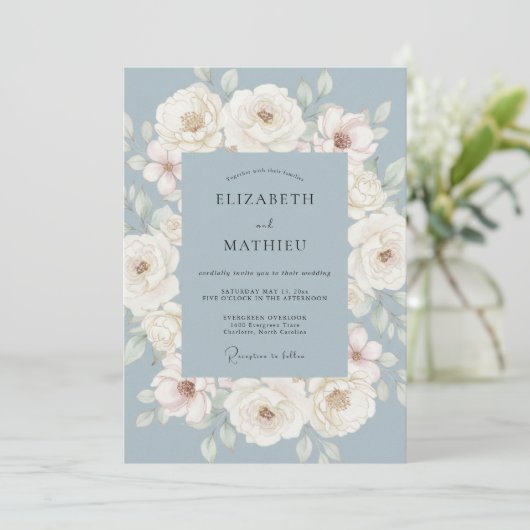 Dusty Blue Painterly Blooms Wedding 招待状 (スタンド正面)
