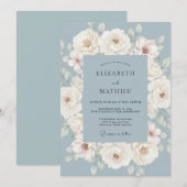 Dusty Blue Painterly Blooms Wedding 招待状 (正面/裏面)
