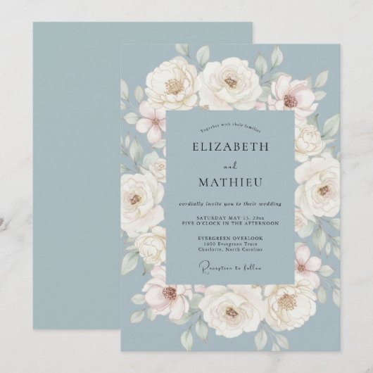 Dusty Blue Painterly Blooms Wedding 招待状 (正面/裏面)