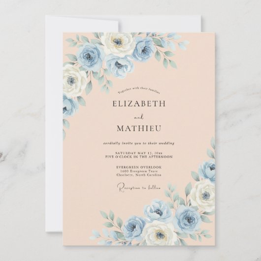 Dusty Blue Painterly Blossom Wedding 招待状 (正面)