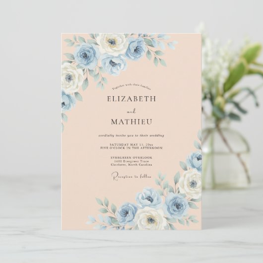 Dusty Blue Painterly Blossom Wedding 招待状 (スタンド正面)