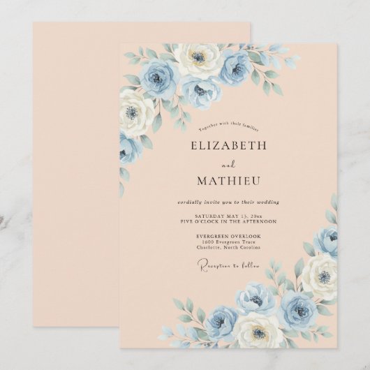 Dusty Blue Painterly Blossom Wedding 招待状 (正面/裏面)