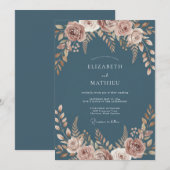 Dusty Blue Painterly Flourish Wedding 招待状 (正面/裏面)