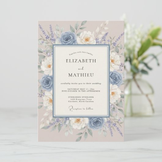 Dusty Blue Painterly Meadow Wedding 招待状 (スタンド正面)