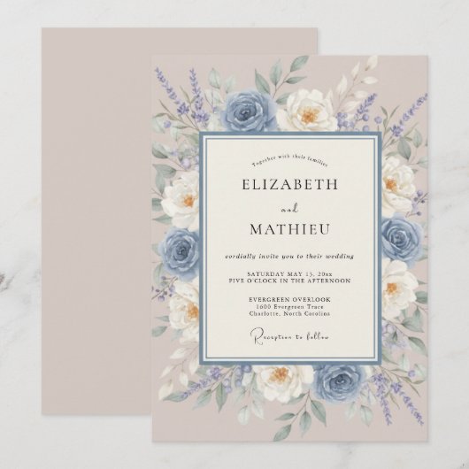 Dusty Blue Painterly Meadow Wedding 招待状 (正面/裏面)