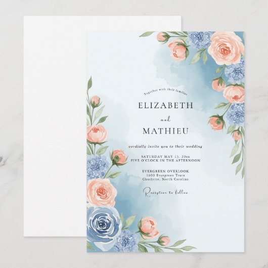 Dusty Blue Painterly Spring Wedding 招待状 (正面/裏面)