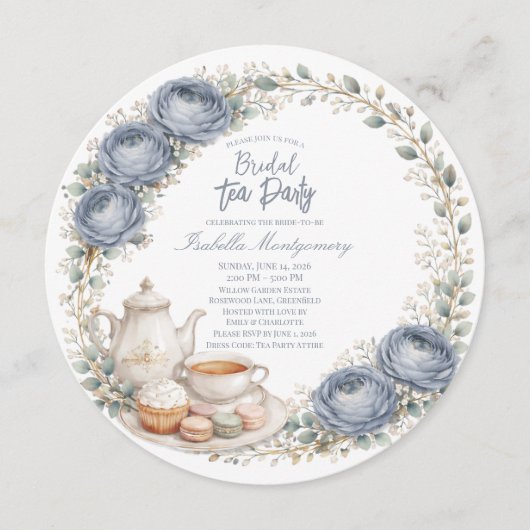 Dusty Blue Palette Tea Party Bridal Shower 招待状 (正面)