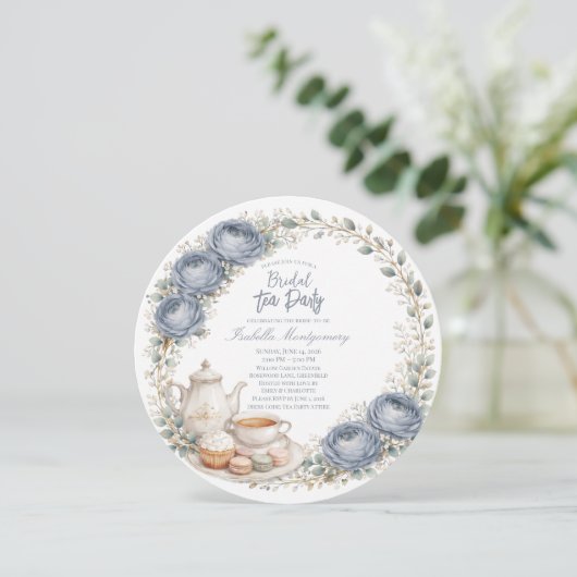 Dusty Blue Palette Tea Party Bridal Shower 招待状 (スタンド正面)