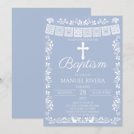 Dusty Blue Papel Picado Baptism 招待状 (正面/裏面)
