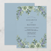 Dusty Blue Peaceful Succulent Wedding 招待状 (正面/裏面)