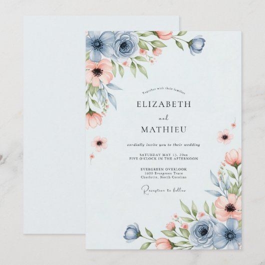 Dusty Blue Peach Breezy Spring Wedding 招待状 (正面/裏面)