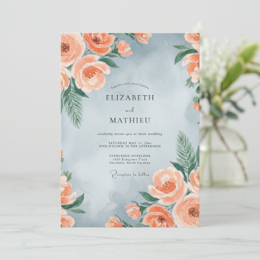 Dusty Blue Peach Painterly Spring Wedding 招待状 (スタンド正面)