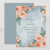 Dusty Blue Peach Painterly Spring Wedding 招待状 (正面/裏面)