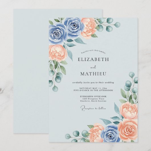 Dusty Blue Peach Splendid Spring Wedding 招待状 (正面/裏面)