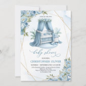 Dusty blue peonies baby crib gold frame boy 招待状 (正面)