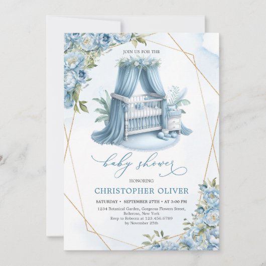 Dusty blue peonies baby crib gold frame boy  招待状 (正面)