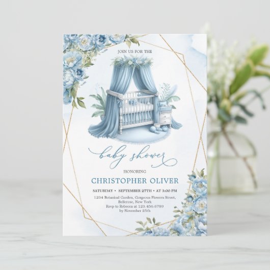 Dusty blue peonies baby crib gold frame boy  招待状 (スタンド正面)