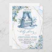 Dusty blue peonies baby crib gold frame boy  招待状 (正面/裏面)