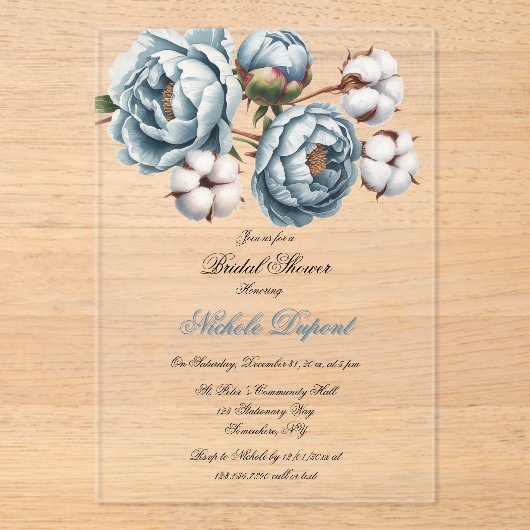 Dusty Blue Peony and Cotton Bridal Shower アクリル招待状 (正面)