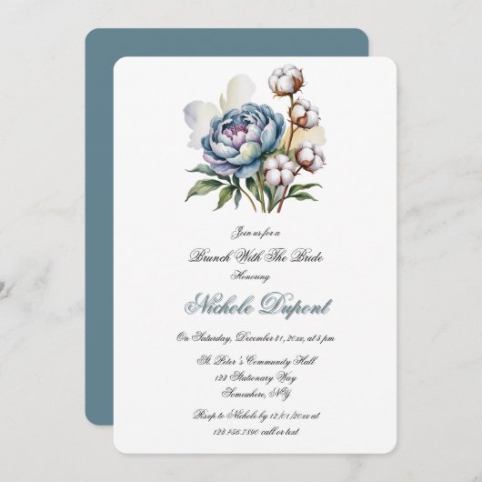 Dusty Blue Peony and Cotton Lunch With The Bride 招待状 (正面/裏面)