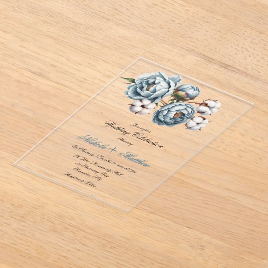 Dusty Blue Peony and Cotton Wedding アクリル招待状 (レイダウン)