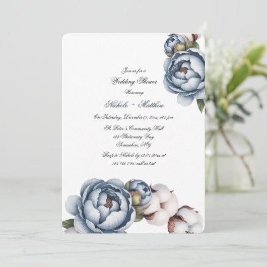 Dusty Blue Peony and Cotton Wedding Shower 招待状 (スタンド正面)