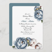 Dusty Blue Peony and Cotton Wedding Shower 招待状 (正面/裏面)