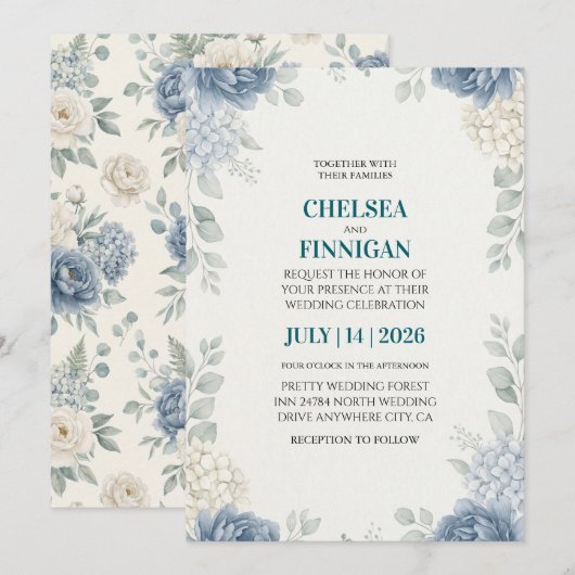 dusty blue peony hydrangea elegant 招待状 (正面/裏面)