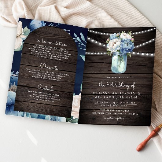 Dusty Blue Peony Mason Jar QR Code Wood Wedding 招待状