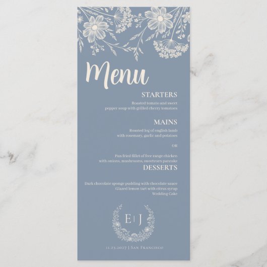 Dusty Blue Periwinkle Wildflower Wedding Menu メニュー (正面)