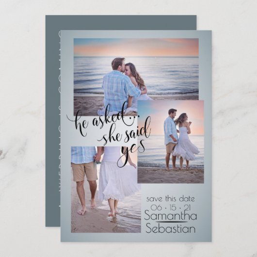 Dusty Blue Photo彼女は日付を保存するYesと述べた 招待状 (正面/裏面)