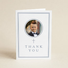 Dusty Blue Photo Boy First Communion サンキューカード