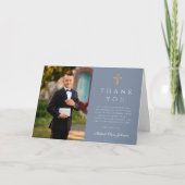 Dusty Blue Photo Boy First Communion Folded サンキューカード (正面)