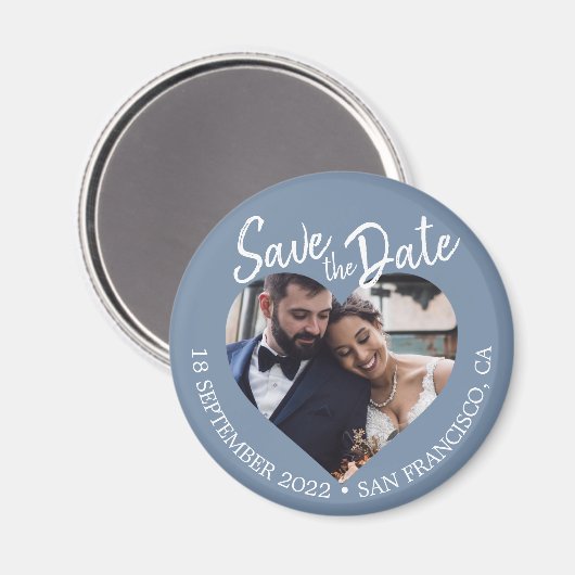 Dusty Blue Photo Modern Script Save the Date マグネット (正面/裏面)