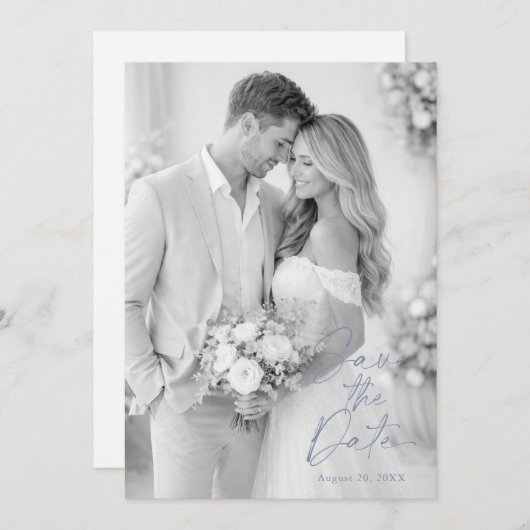 Dusty Blue Photo Save the Date 招待状 (正面/裏面)