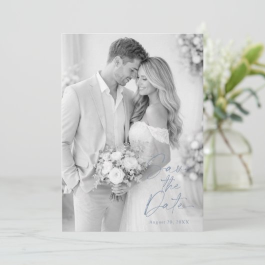 Dusty Blue Photo Save the Date 招待状 (スタンド正面)
