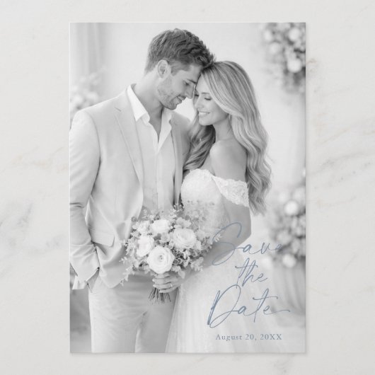 Dusty Blue Photo Save the Date 招待状 (正面)