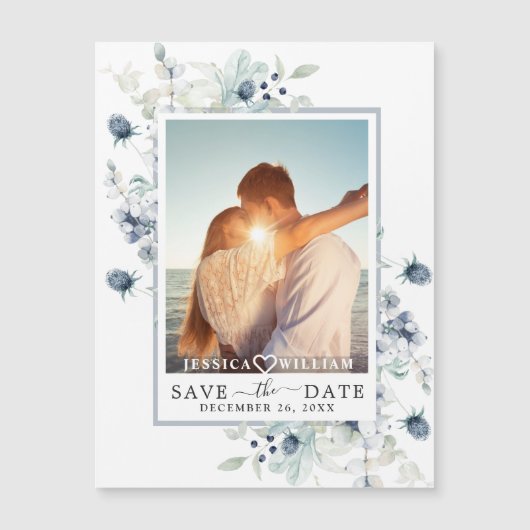 Dusty Blue PHOTO Save the Date Magnetic Card (正面)