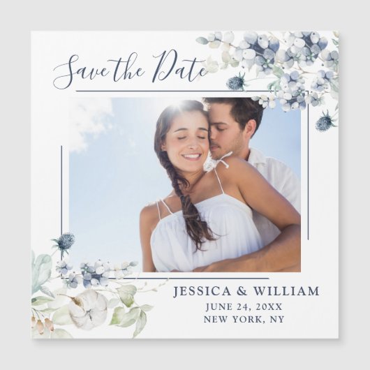 Dusty Blue PHOTO Save the Date Magnetic Card (正面)